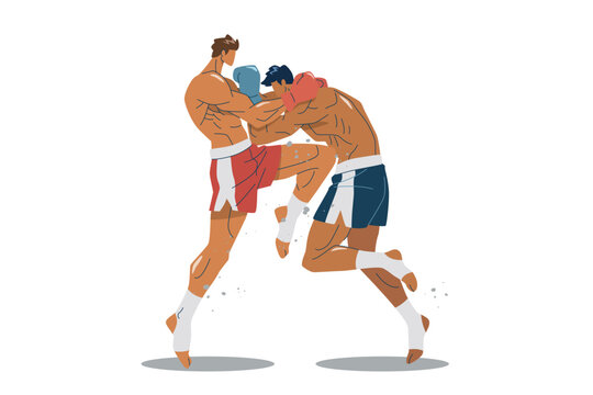 Attacking an opponent with a knee strike in Muay Thai, culture, and combat sports. Flat vector design illustration.