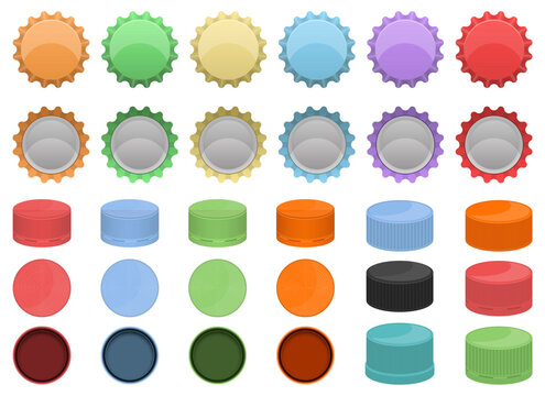 Collection of assorted colorful bottle caps, different shapes and angles