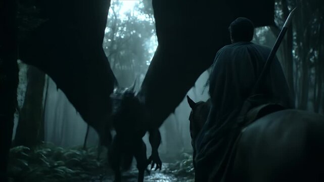 A knight on horseback faces a dragon in a foggy forest with trees.