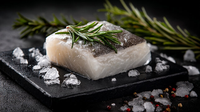 Single Cod Fillet with Salt, Ice, and Rosemary on Slate Board