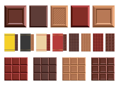 Assorted chocolate bars and squares in various colors and presentations.