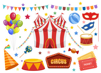 Colorful circus elements on white background: tent, balloons, and decorations. © Sky