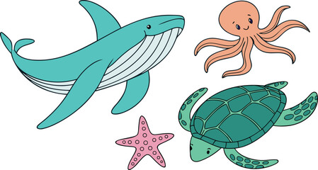 Fototapeta premium Delightful ocean creatures come together in a playful illustration, perfect for kids' educational materials, ocean conservation campaigns, or decorative designs.