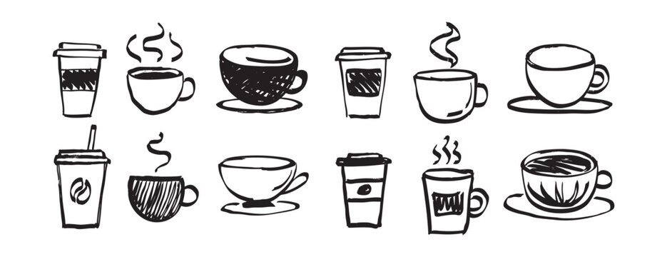 coffee in different cups in doodle style hand drawn set. coffee time element hot drink