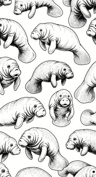 Cute Manatees in Repetitive Patterns, Illustrated Nature Scene, Whimsical Art, Marine Life, Black and White Style
