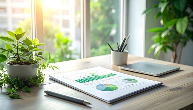 Informe financiero con gr&aacute;ficos verdes en espacio de trabajo luminoso, concepto de sostenibilidad y crecimiento empresarial