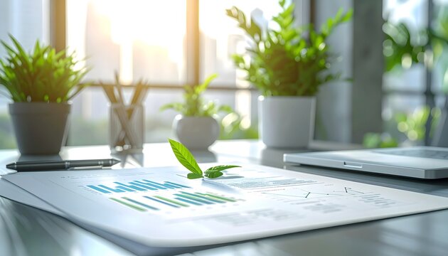 Gr&aacute;fico financiero con brote verde sobre escritorio luminoso, concepto de crecimiento sostenible y finanzas responsables