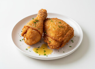 Crispy Fried Chicken Drumstick and Thigh with Garnish and Drizzle of Honey