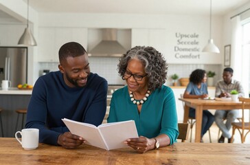 Fototapeta premium Joyful African American Mother and Adult Son Reading Book Together at Home, Sharing a Warm Intergenerational Moment in a Modern Kitchen.