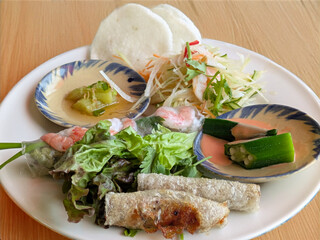ベトナム料理の豪華盛り合わせ 生春巻き・揚げ春巻き・青パパイヤのサラダのワンプレートランチ