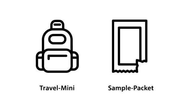 Icons for travel mini backpack and sample packet, symbolizing travel size and product samples