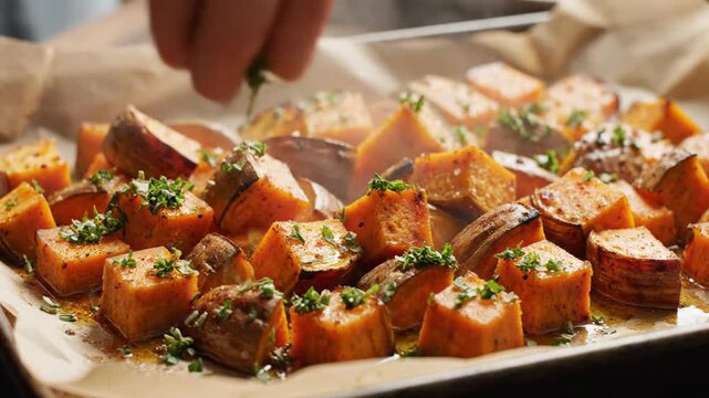 Close-up of roasted cubed root vegetables, showing steam, on a baking sheet lined with parchment paper