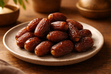 Obraz premium A close-up shot of a generous pile of fresh, ripe dates arranged neatly on a rustic ceramic plate, set against a warm wooden background.