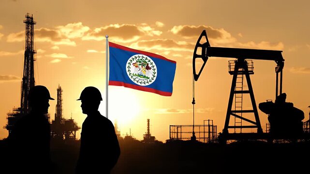 Belize Flag Waving with Industrial Workers and Oil Rigs at Sunset