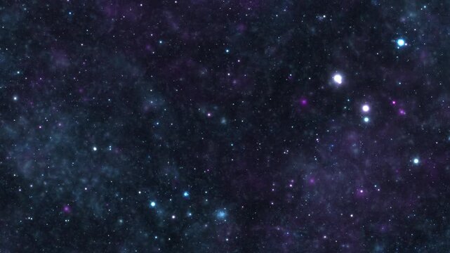 Spaceship flying through clouds and star field in open space. Flight animation through glowing nebulae and stars. Cosmic moving and glowing stars with colorful novae. 4k footage.