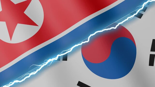 Two waving flags North Korea and South Korea with diagonal lightning seamless, 4k loop