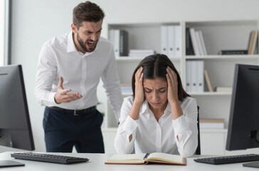 Fototapeta premium Angry Male Manager Yelling at Stressed Female Employee in Office, Workplace Harassment and Bullying Concept