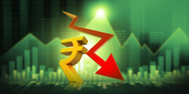 A dynamic stock image of the Indian Rupee symbol alongside a red downward-pointing arrow, superimposed over a fluctuating stock market graph background
