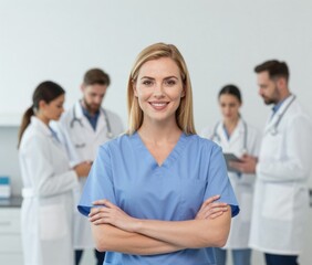 Fototapeta premium Confident Medical Professional Leading a Diverse Team of Healthcare Providers in a Modern Clinic