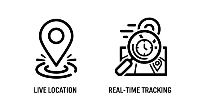 Location pin icon for live location and magnifying glass over map for real-time tracking