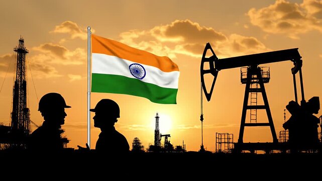 Indian Flag Waving over Oil Rig and Pump Jack Silhouettes at Sunset