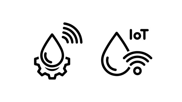 Internet of Things IoT connected technology icons for smart devices, water droplet with gear and Wi-Fi signal, and liquid drop with text IoT and wireless connection.