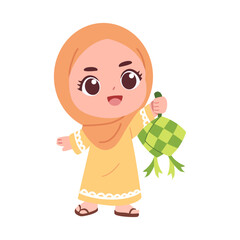 illustration of a cute hijab girl hold ketupat