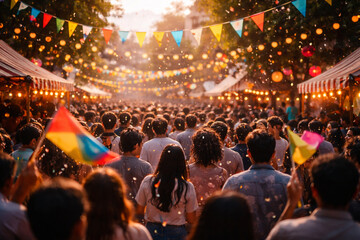 Large crowd of people enjoying a vibrant outdoor street festival at dusk, illuminated by string lights and colorful flags. © Muhammad