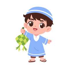 illustration of a cute muslim boy hold ketupat