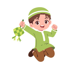 illustration of a cute muslim boy jumping and hold ketupat