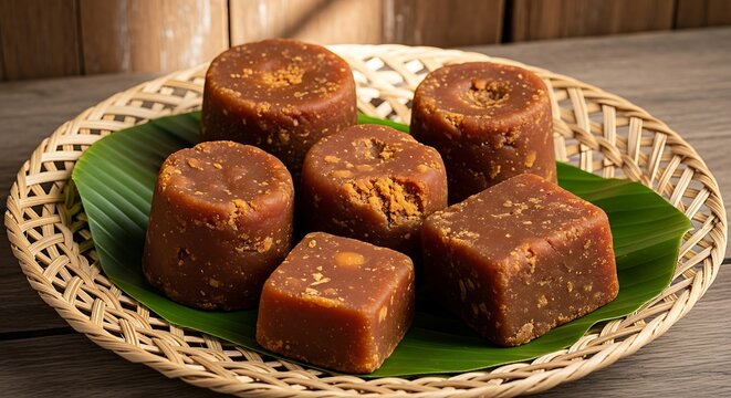 Indonesian Palm Sugar (Gula Jawa) Blocks on Banana Leaf and Wicker Plate