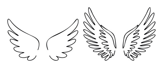 Obraz premium Simple black outline drawings of two pairs of stylized angel wings offering a versatile graphic resource for spiritual themes or decorative projects.