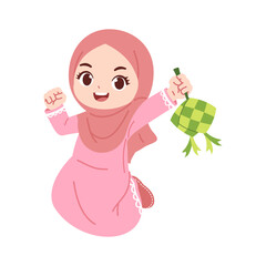 illustration of a cute hijab girl hold ketupat