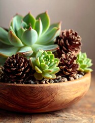 Succulent and Pine Cone Arrangement in Wooden Bowl.
