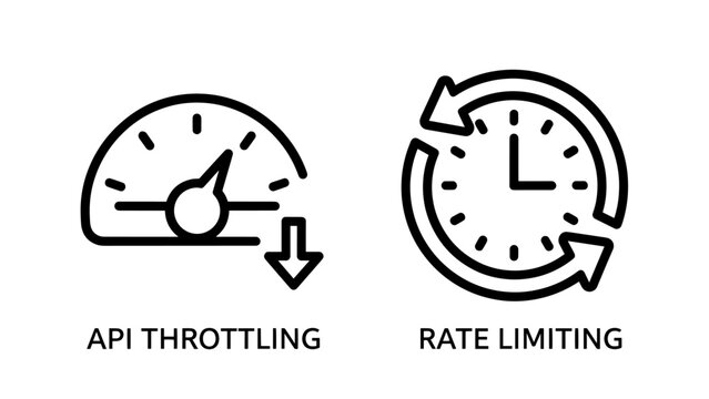 API throttling and rate limiting icons, showing a gauge indicating speed reduction and a clock with arrows for controlling request frequency.