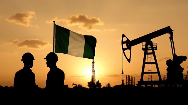Silhouette of Oil Workers and Nigerian Flag at Sunset with Oil Field