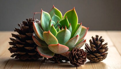 Succulent plant with pine cones on wooden surface, close-up shot.