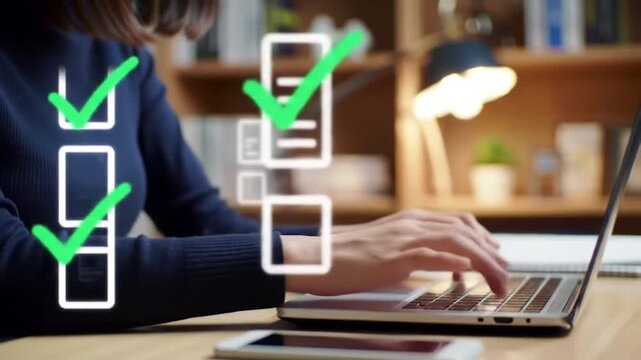 Woman Typing Laptop Completing Checklist Tasks with Digital Checkmarks Overlay Close-up Stock Media
