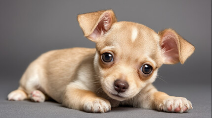 Obraz premium A small tan Chihuahua puppy lies on a gray surface looking directly at the camera