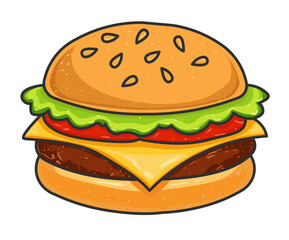 Cartoon cheeseburger illustration with beef patty, melted cheese, lettuce, tomato, and sesame bun, isolated on white background.