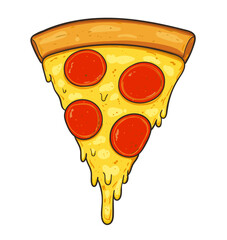 Cartoon pepperoni pizza slice illustration with melted cheese, dripping texture, bright colors, isolated on white background.