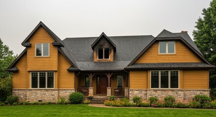 Fototapeta premium Beautiful Two Story Family Home Exterior Facade with Well Maintained Gardens and Inviting Grounds