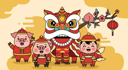 Naklejka premium Chinese New Year Celebration with Lion Dance and Pig Characters