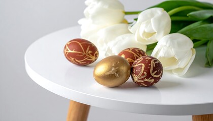 Decorated Easter Eggs with White Tulips on a Table.