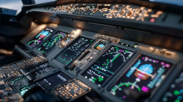 The cockpit of a modern aircraft features a complex array of illuminated control panels and screens