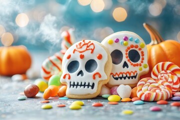 Fototapeta premium Colorful day of the dead sugar skull cookies with festive background
