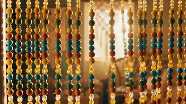 A room's interior featuring colorful beads hanging in front of a blurred background with a chair and window