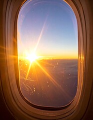 Sunrise Through Airplane Window - A Golden View Above the Clouds.