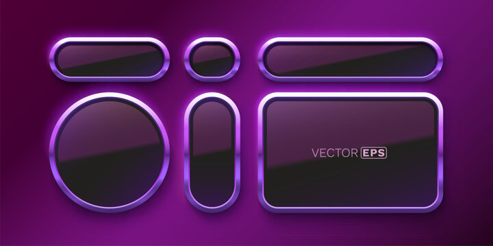 Modern set of shiny metallic neon purple frames with glowing effect.