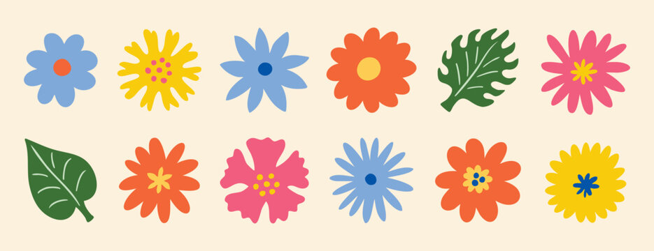 Naive daisy flowers clipart set with top view blooms and leaves. Hand drawn.